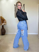 Calça Wide Leg Jeans 100% Algodão Destroyed