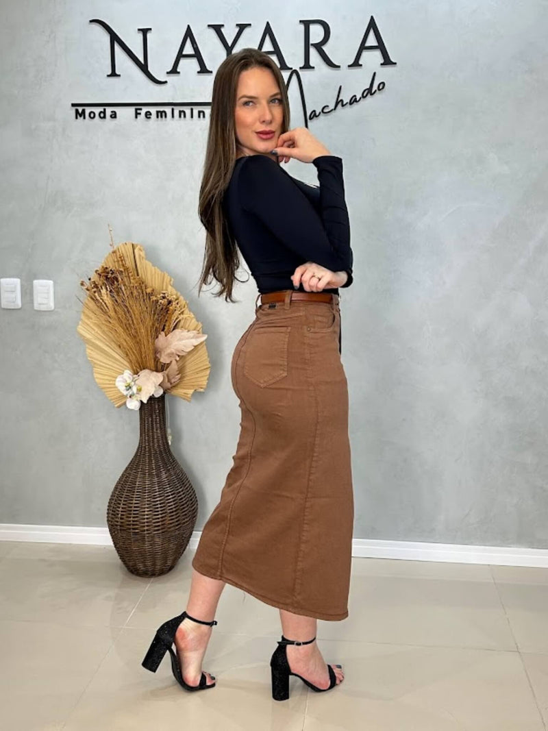 Saia Jeans Midi Fenda Marrom NXO