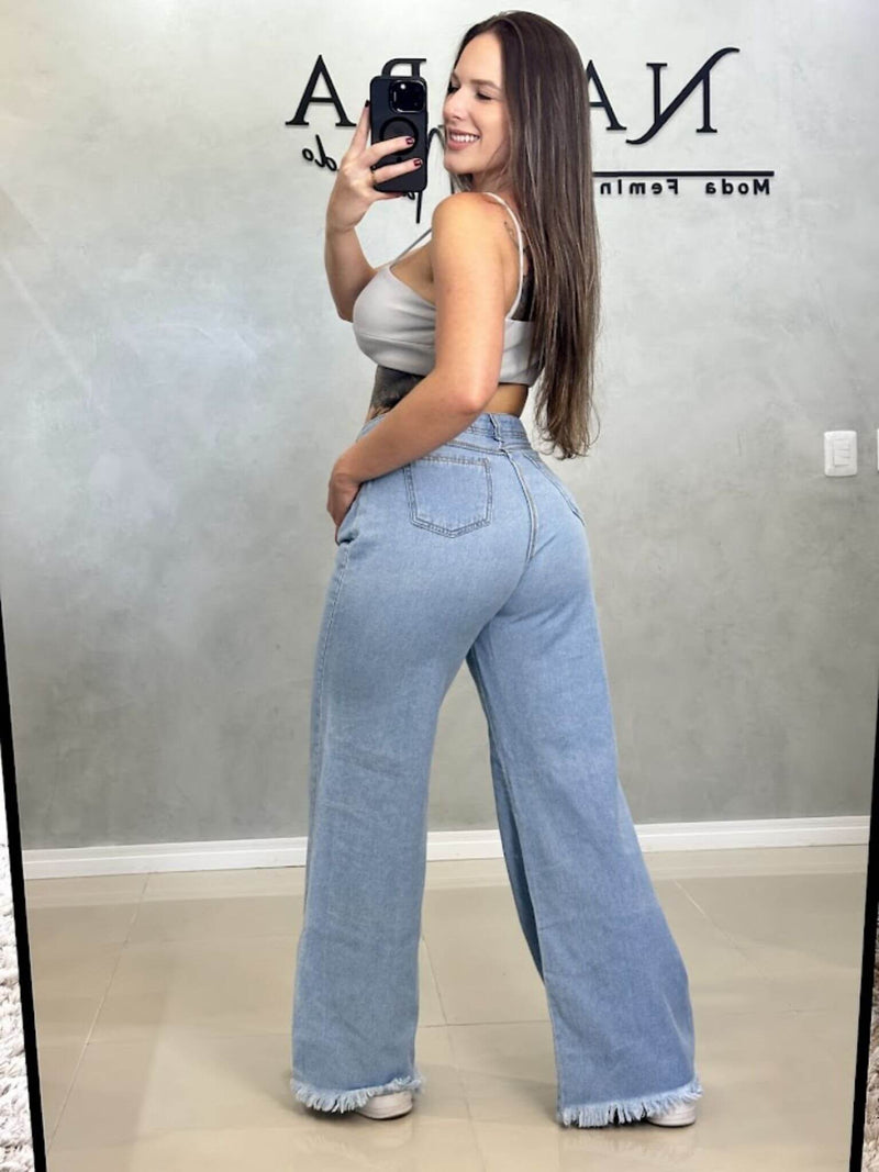 Calça Wide Leg Jeans Barra Desfiada