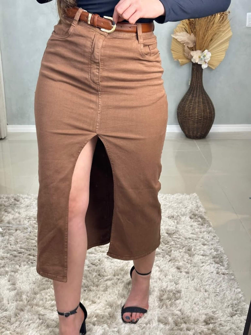 Saia Jeans Midi Fenda Marrom NXO