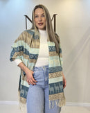 Cachecol feminino em cashmere bege com azul estampado