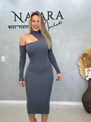 Vestido longo canelado recorte no ombro - Moda Gringa