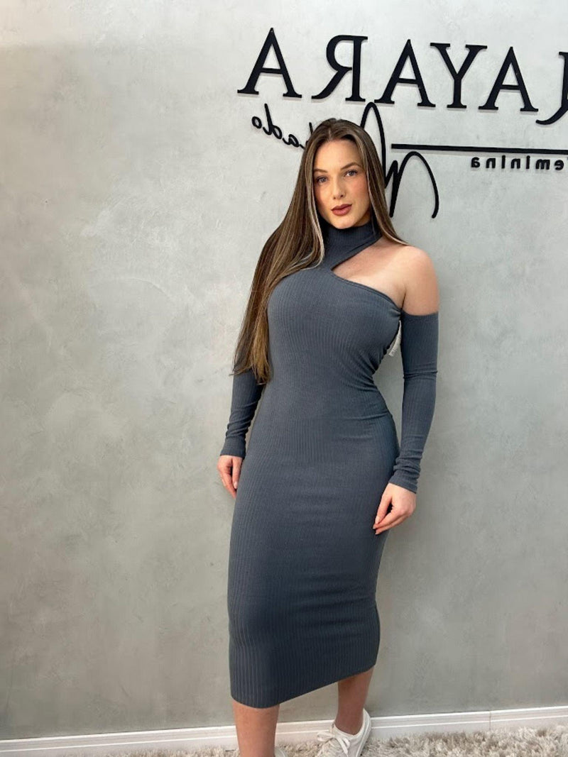 Vestido longo canelado recorte no ombro - Loja Nayara Machado