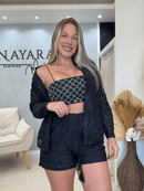 Conjunto de Renda Preto Camisa Manga Longa e Short Forrado