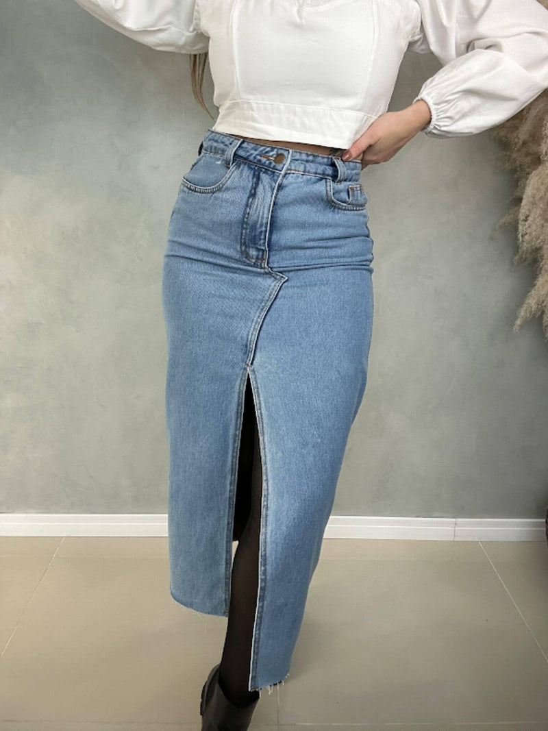 Saia Jeans Midi Fenda - Loja Nayara Machado