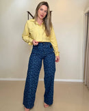 Wide Leg Jeans Cintura Alta Estampa Onça