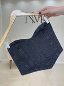 Top Jeans Decote Coração com Strass Preto Destonado