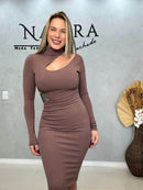 Vestido Midi Recortes na Cintura e Ombro - Canelado
