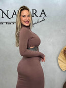 Vestido Midi Recortes na Cintura e Ombro - Canelado