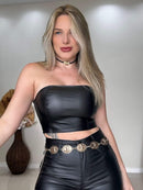 Cropped Jeans Resinada Preto Tomara que Caia com Elastano