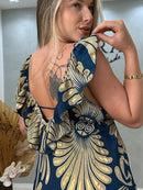 Vestido Indiano Costas em V com Babado
