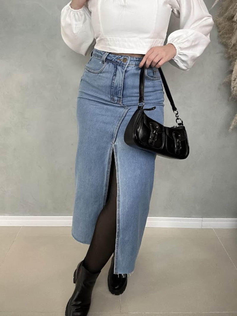 Saia Jeans Midi Fenda - Loja Nayara Machado