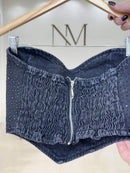 Top Jeans Decote Coração com Strass Preto Destonado