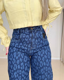 Wide Leg Jeans Cintura Alta Estampa Onça
