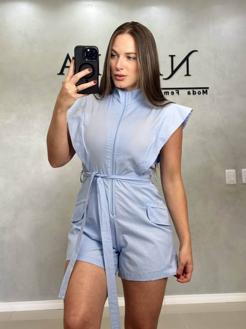 Macacão Tricoline com cinto Azul Baby