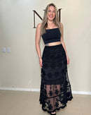 Saia Midi Bordada em Tule com Flores em Alto Relevo