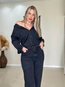 Calça Pantalona Jeans Preta Destonada Cintura Alta Premium