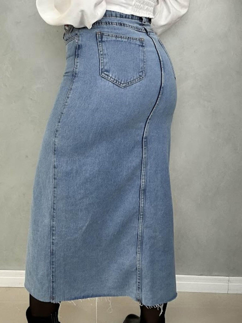 Saia Jeans Midi Fenda - Loja Nayara Machado