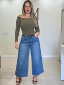 Calça Pantacourt Jeans 100% Algodão com Cinto em Camurça //