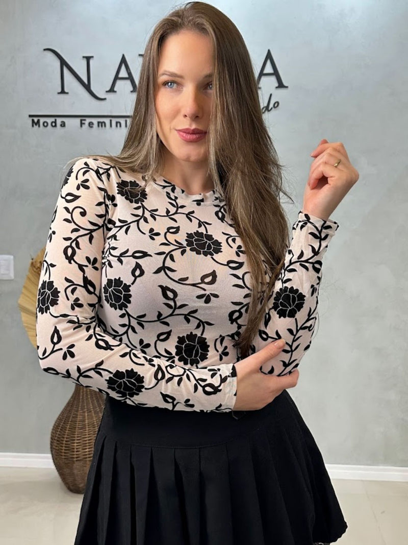 Body Tule Estampado Com Veludo