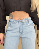 CALÇA JEANS WIDE LEG COM CÓS DOBRADO