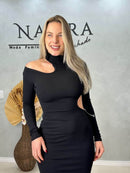 Vestido Midi Recortes na Cintura e Ombro - Canelado