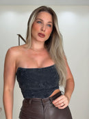 Cropped Jeans Decote Coração Preto Destonado