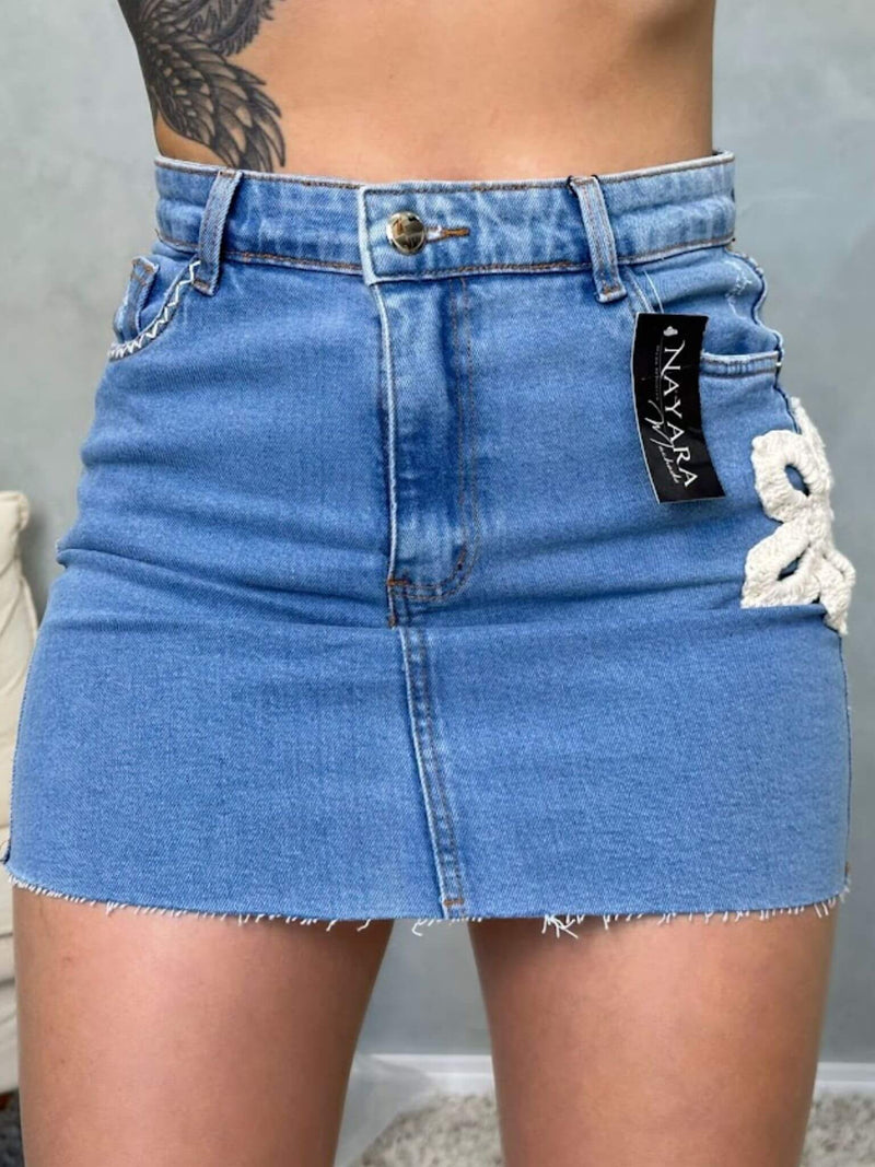 Saia Jeans Bordado