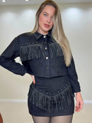 Conjunto em Camurça com Franja Short Saia e Jaqueta