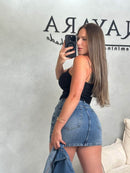 Saia jeans lavagem escura 23 graus