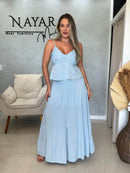 Conjunto Saia Longa e Regata Bata com Macramê Azul Bebê