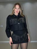 Conjunto em Camurça com Franja Short Saia e Jaqueta