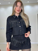 Conjunto em Camurça com Franja Short Saia e Jaqueta