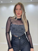 Cropped Jeans Decote Coração Preto Destonado