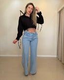 CALÇA JEANS WIDE LEG COM CÓS DOBRADO